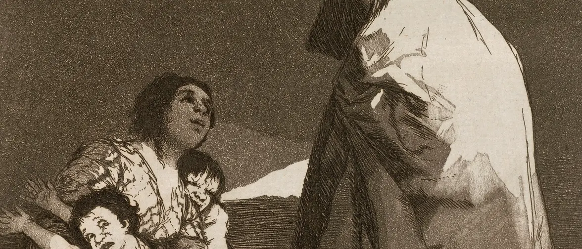Gravure sombre de Goya montrant une silhouette encapuchonnée effrayant des enfants