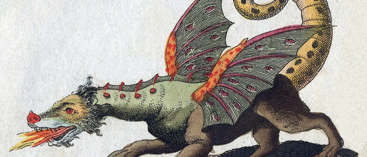 Gravure ancienne représentant un dragon ailé aux écailles et à la longue queue