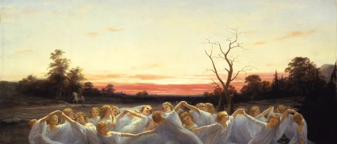 Peinture ancienne représentant une ronde d'elfes dansant dans la brume au clair de lune