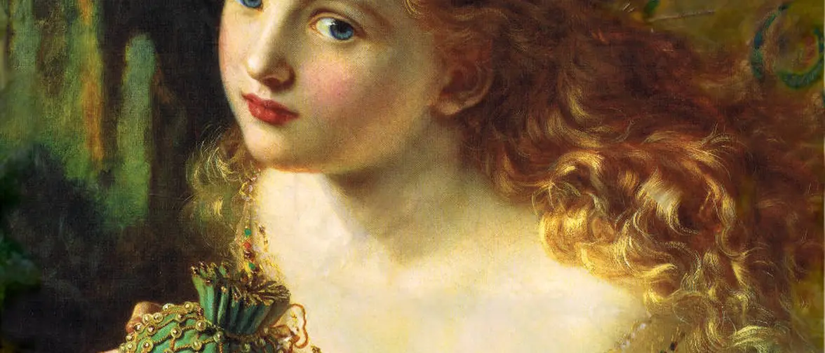 Peinture ancienne représentant de jeunes fées ailées parmi des roseaux au bord de l'eau