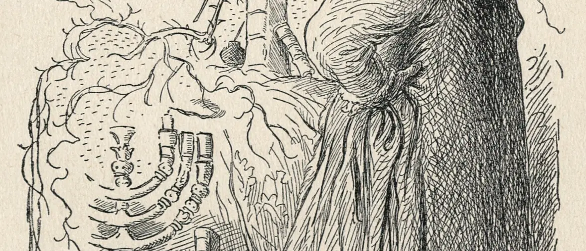 Illustration ancienne représentant une grande silhouette d'argile aux côtés d'un homme en robe