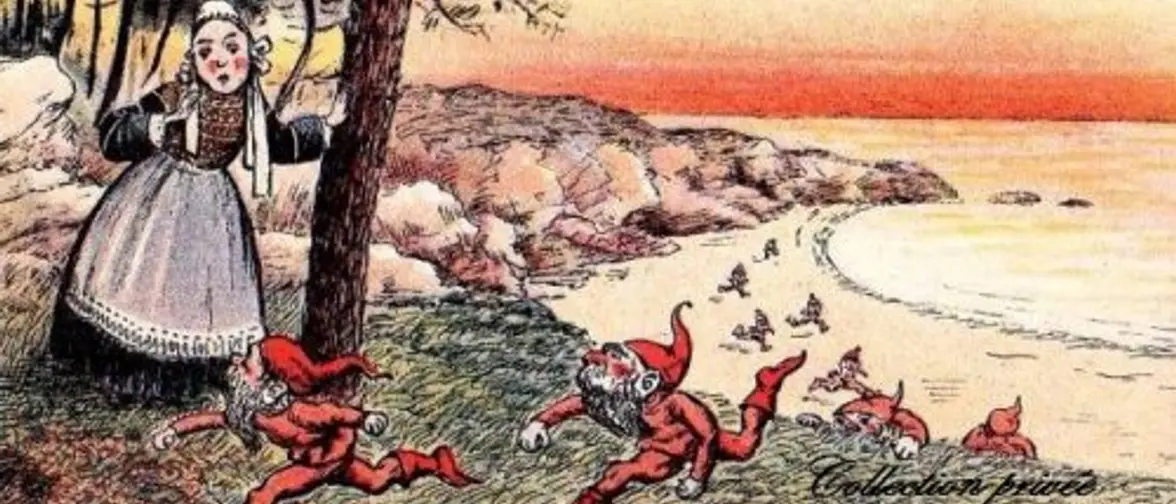 Illustration d'un korrigan, petit être du folklore breton près d'une fontaine