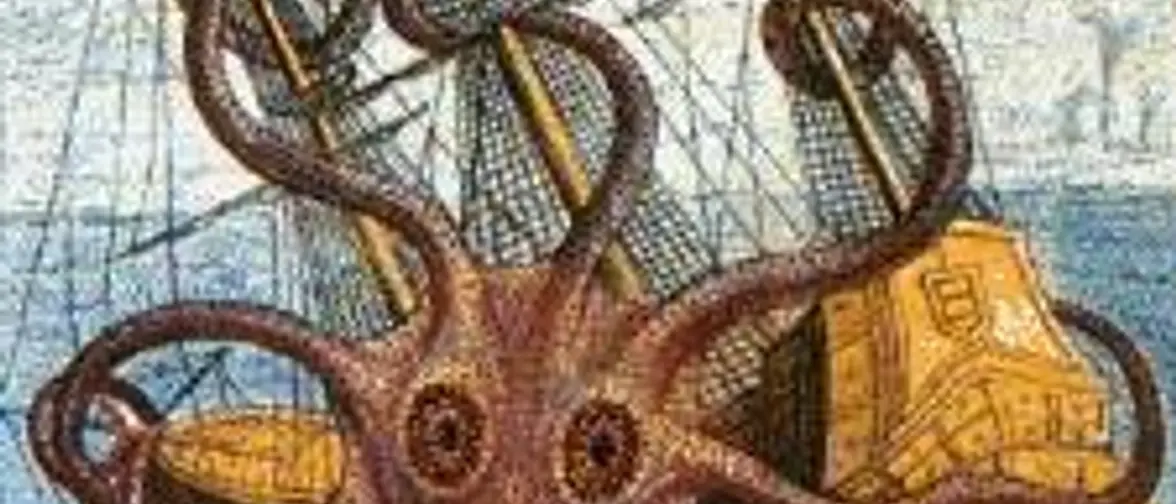Gravure ancienne d'un kraken géant enserrant un navire de ses tentacules