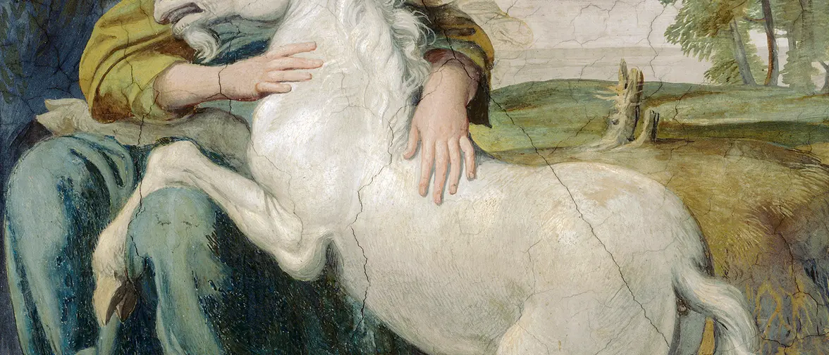 Peinture ancienne d'une jeune femme accompagnée d'une licorne blanche à corne torsadée