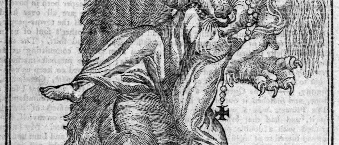 Gravure ancienne d'un homme se transformant en loup, illustration de lycanthropie