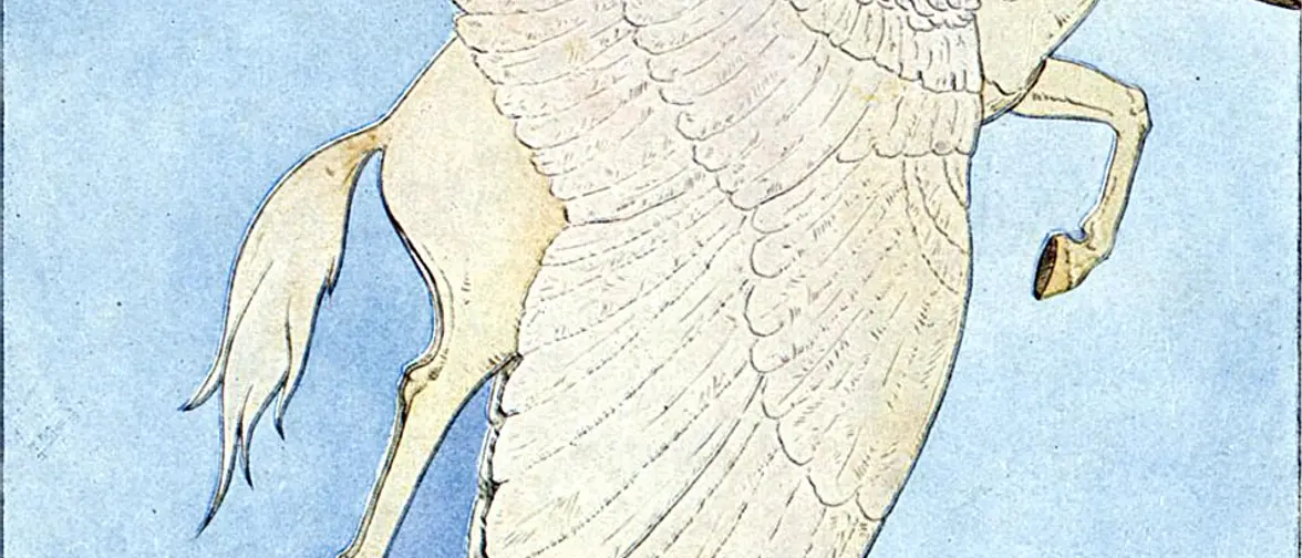 Illustration ancienne de Pégase, le cheval ailé blanc, s'élançant dans le ciel