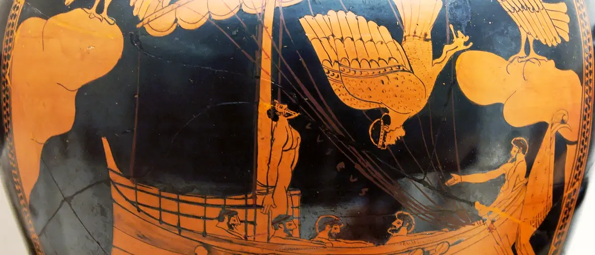 Vase grec antique peint représentant une sirène sous forme d'oiseau à tête de femme