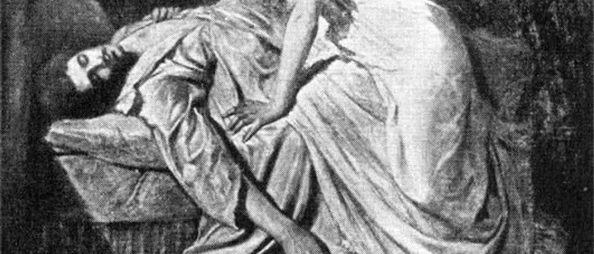 Peinture ancienne représentant une créature ailée penchée au-dessus d'une dormeuse dans la pénombre