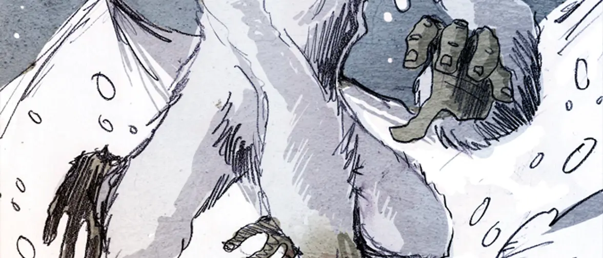 Illustration d'un yéti, grande silhouette velue debout dans un paysage de neige