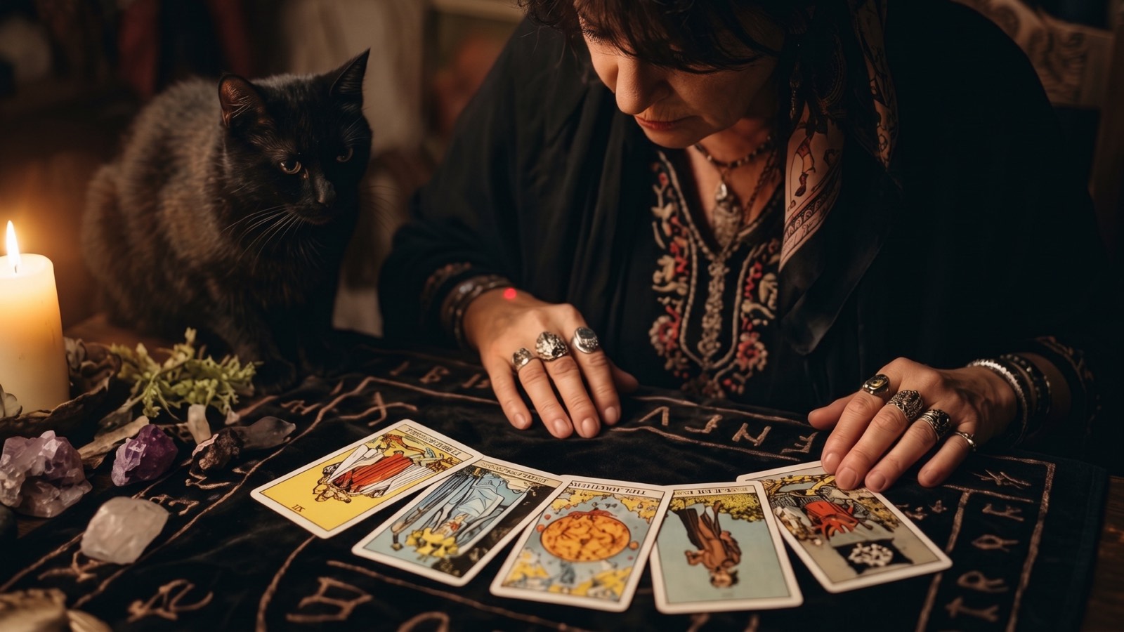 Luna, la voyante, et sa chatte noire à la lueur d'une bougie